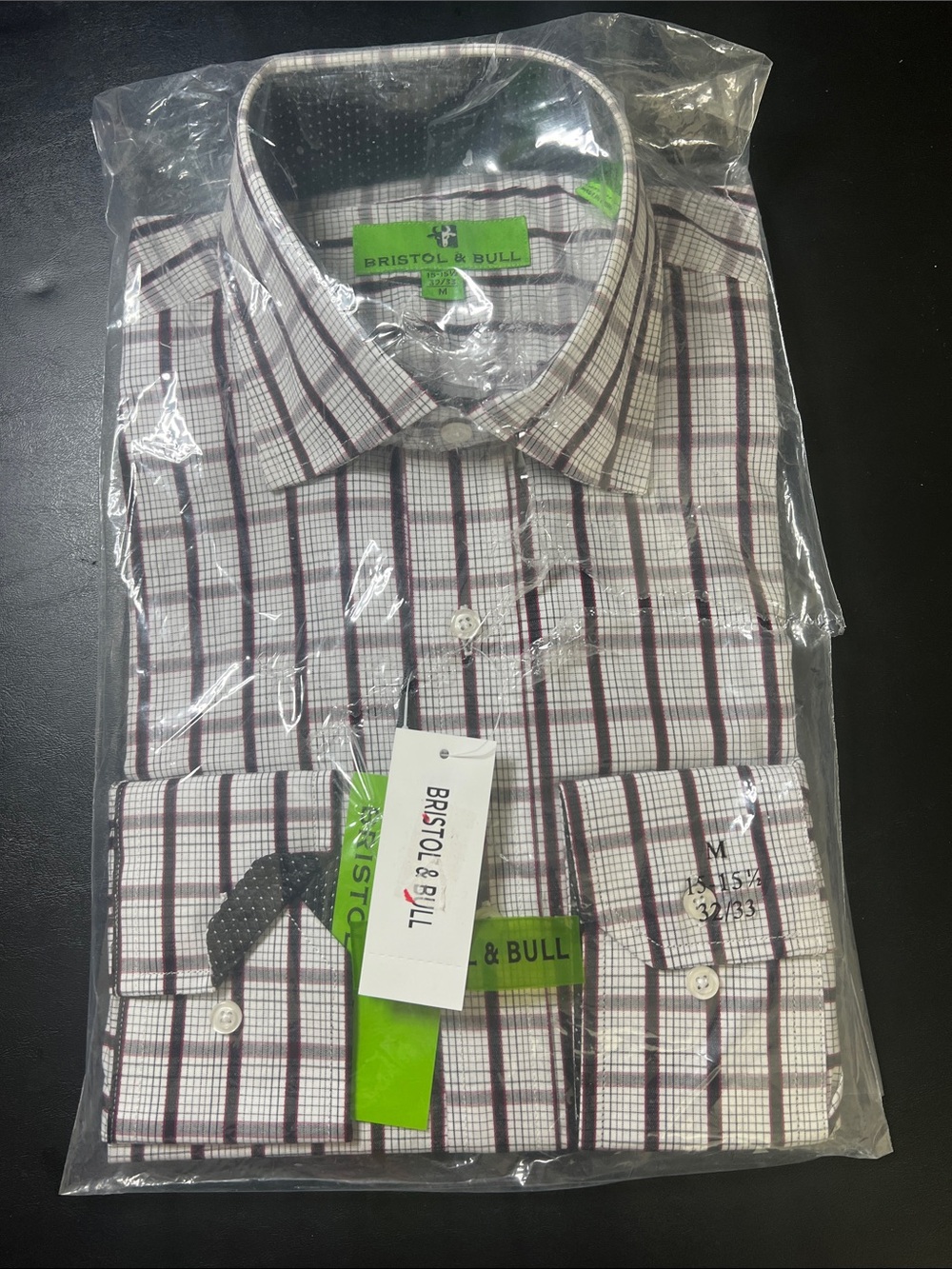 Bristol & Bull Men's White Dress Shirt with Maroon Windowpane Check